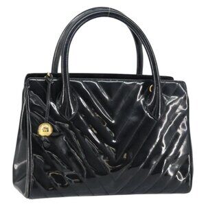 CHANEL V Stitch Hand Bag Enamel Black Gold CC